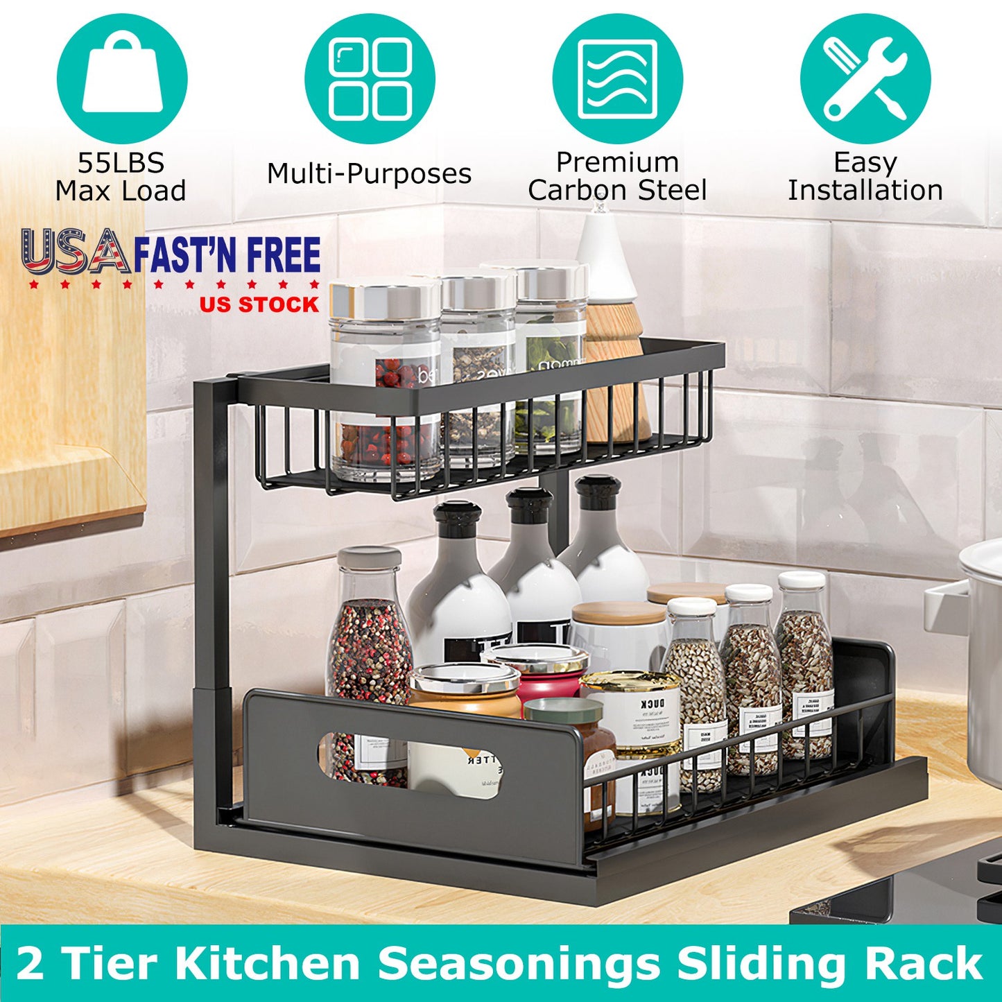 2 Tier Under Sink Organizers Pull Out Under Cabinet Basket Storage Shelf Sliding Drawer for Kitchen Bathroom