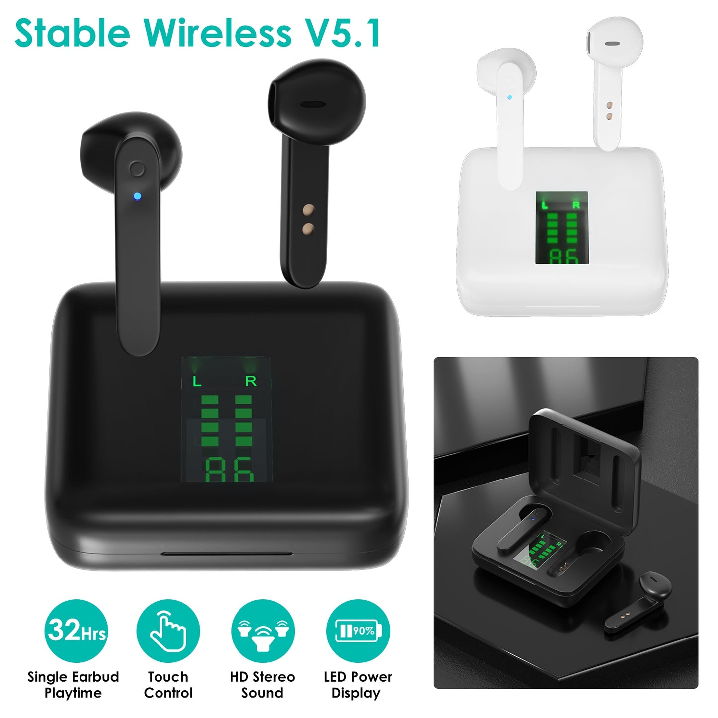 True Wireless Stereo V5.1 Earbuds Touch Control In-Ear TWS Headsets Headphone Earpiece with LED Display Magnetic Charging Case Built-in Mic