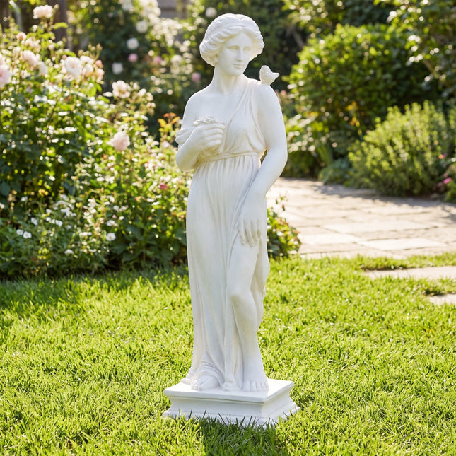 31.5 Inch Outdoor Greek Goddess Statue with Antique Finish and Column Base