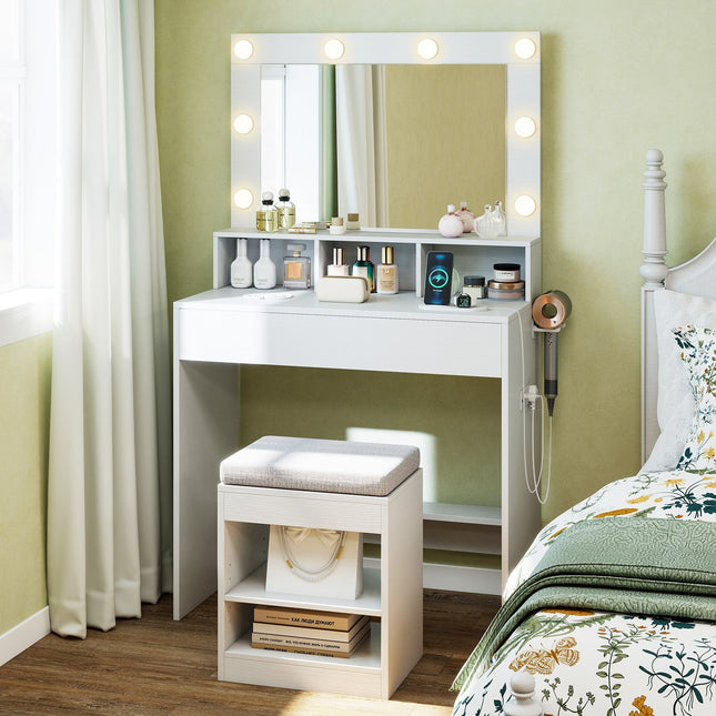Vanity Table Set with Lighted Mirror and Cushion Stool