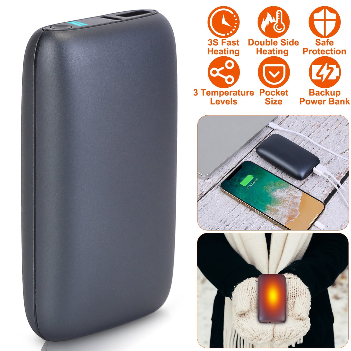 Electric Double Sided Hand Warmer 10000mAh Battery Backup Power Bank Rechargeable Hand Heater with 3 Temperature Levels Portable Pocket Warmer