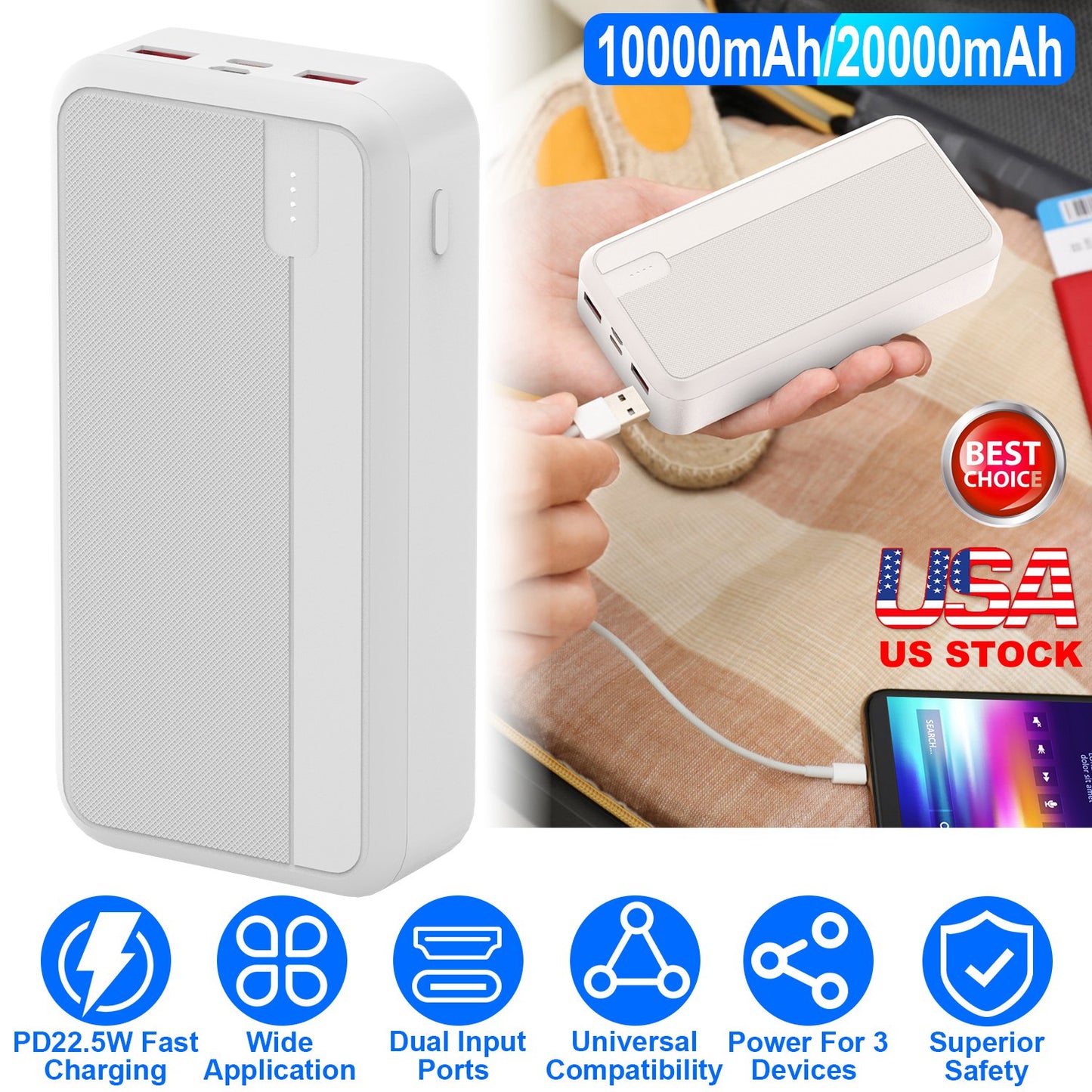 20000mAh PD22.5W Fast Charging Power Bank Fast Charger Portable Phone Charger with Type-C USB Cable Fit For IOS Phone 15/14 Samsung Galaxy S24 And Mor