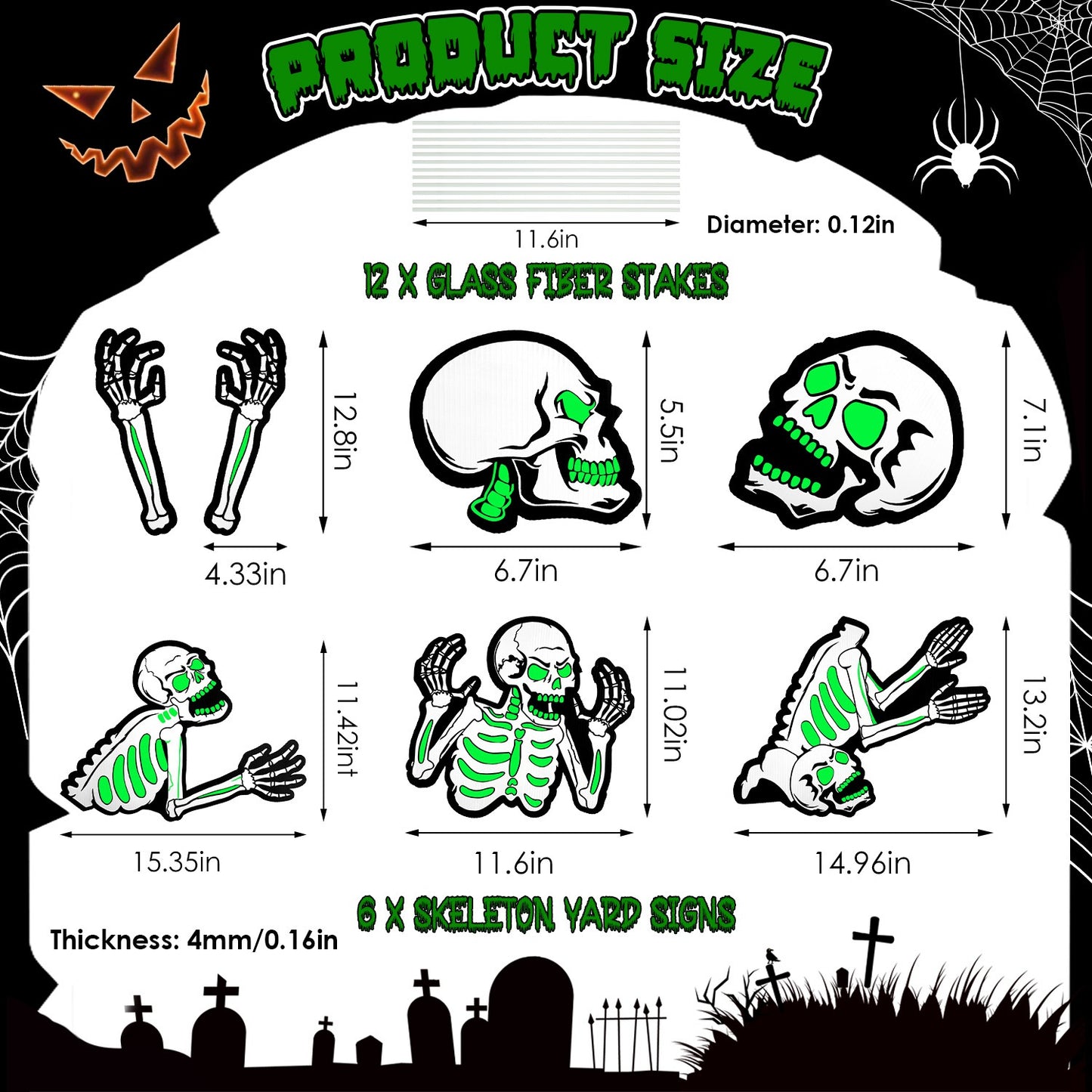 Halloween Skeleton Yard Sign Decorations 6Pcs Glow in the Dark Halloween Skull Fluorescence Lawn Garden Sign with 12 Stakes for Haunted House Garden Y
