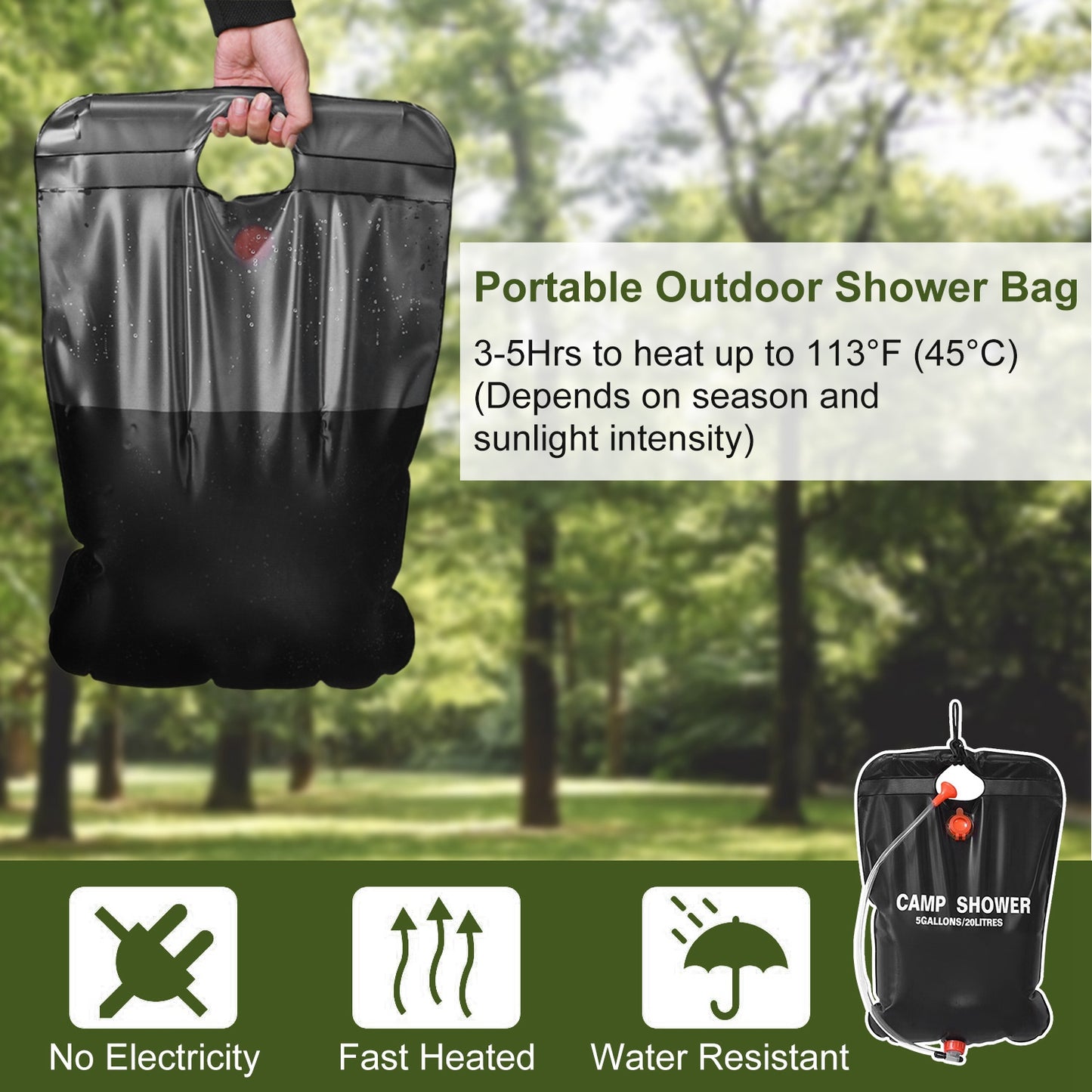 Portable Solar Heated Shower Bag Camping Shower Bath Water Bag 5 Gallons w/ On-Off Switchable Shower Head