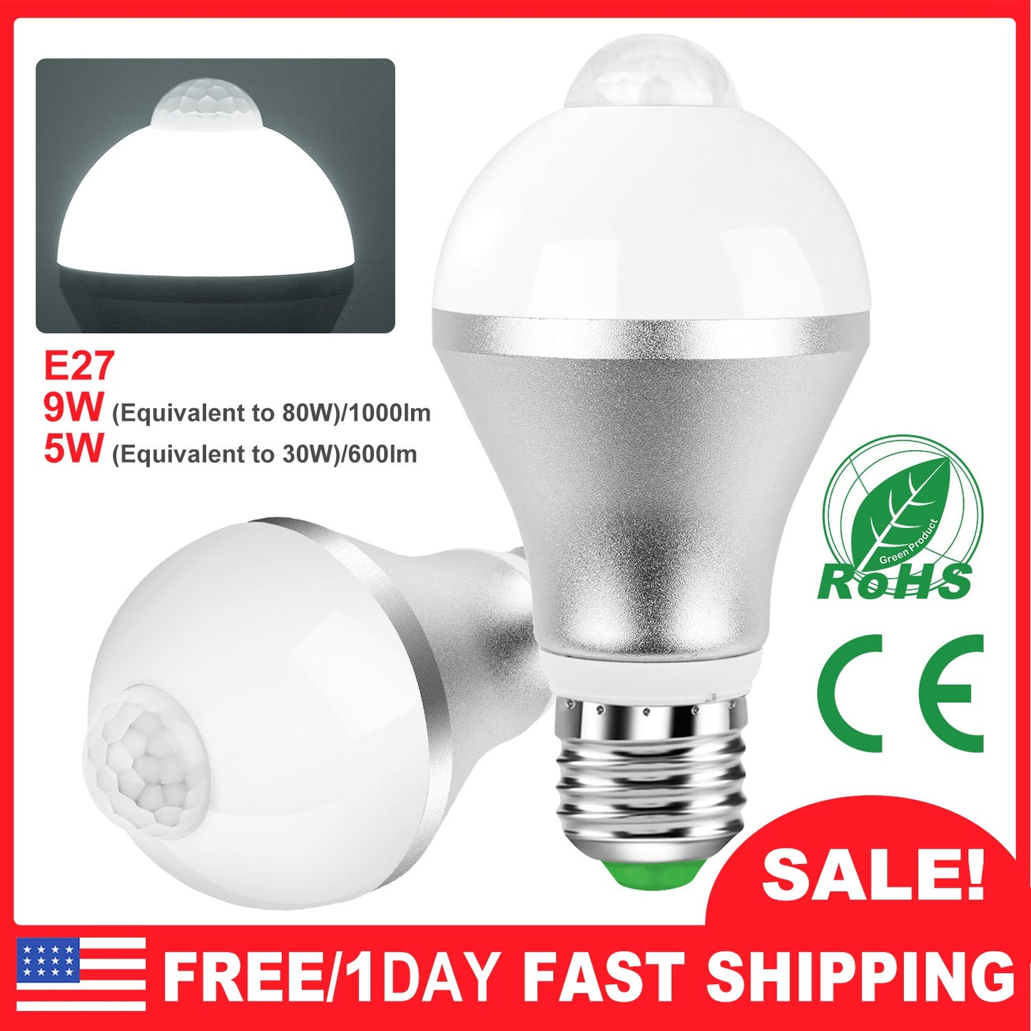 E27 Motion Sensor Light Bulb 9W/5W 1000LM 6500K Dusk to Dawn Automatic On/Off LED Light Bulb Indoor Outdoor Use