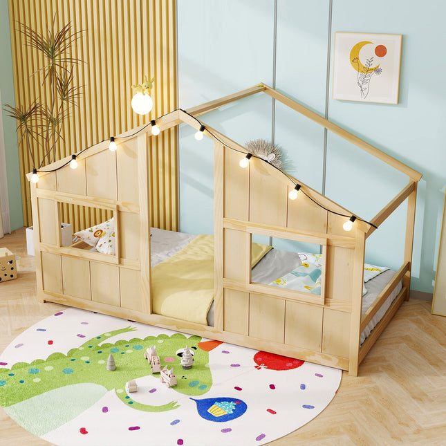 Twin Size House Bed with LED Lights Montessori Slat-free Floor Bed