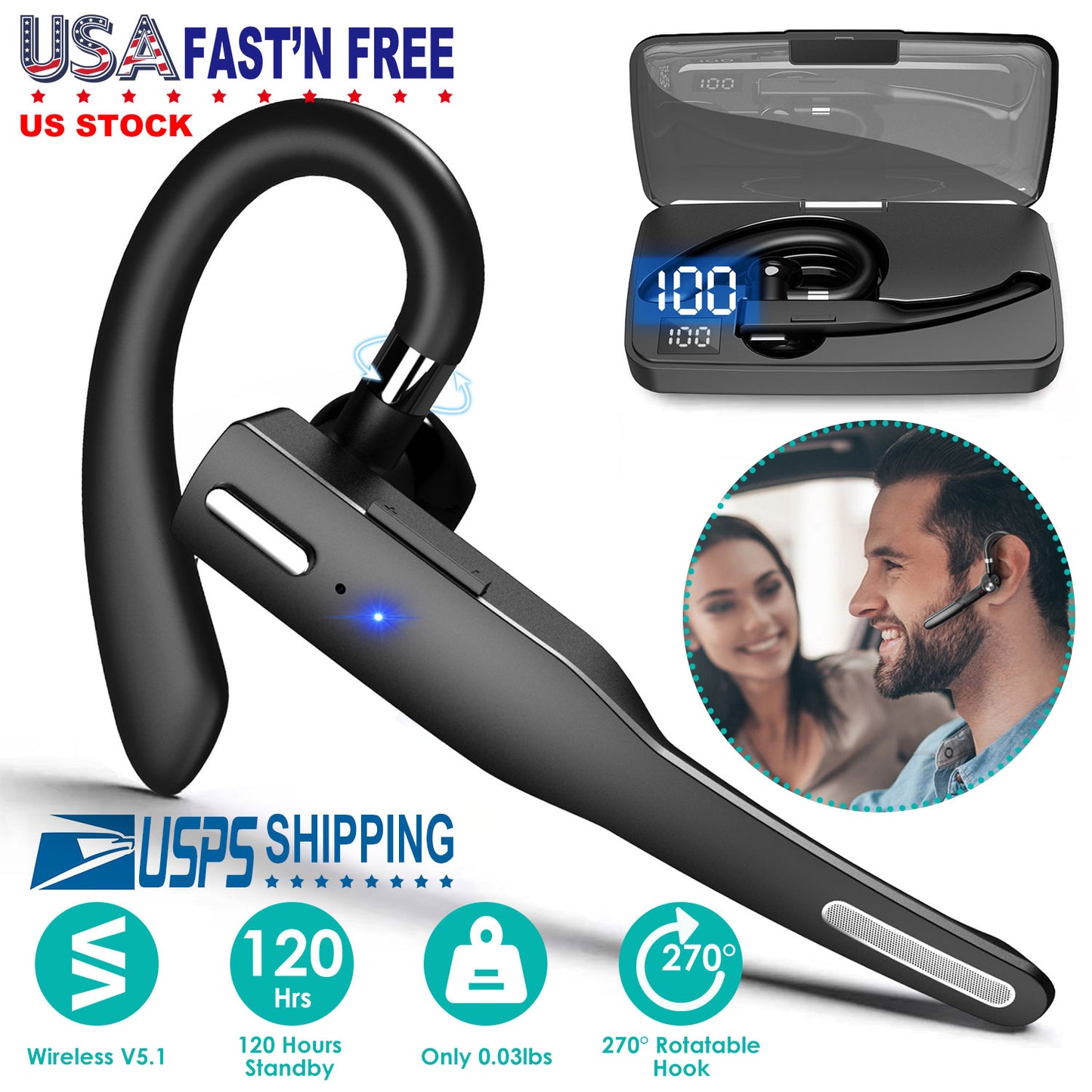 Unilateral Wireless V5.1 Business Earpiece with Charging Case Rechargeable Wireless in-Ear Headset with Hook for Car Driving Phone Call Office