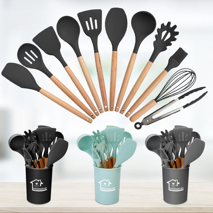 11Pcs Silicone Cooking Utensil Set Heat Resist Wooden Handle Silicone Spatula Turner Ladle Spaghetti Server Tongs Spoon Egg Whish Kitchenware Set w/ H