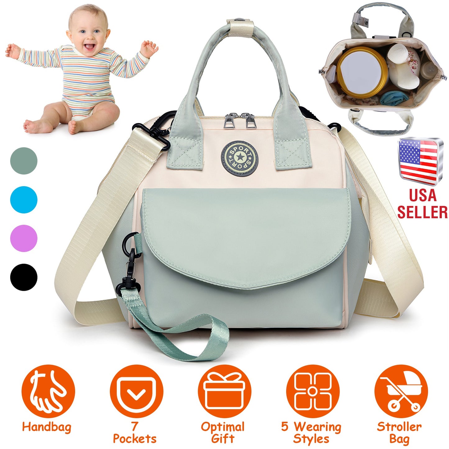 Baby Nappy Diaper Bag with 6 Pockets Burp Cloth Adjustable Shoulder Strap Detachable Small Bag Multifunctional Diaper Changing Bag with 2 Insulated Po
