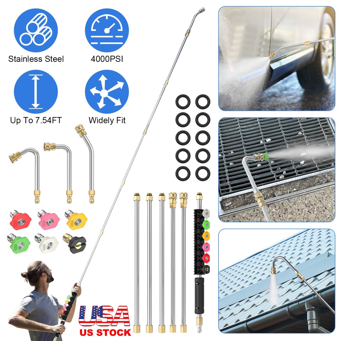 7.54FT Pressure Washer Extension Wand With 1/4" Quick Connect 4000 PSI Pressure 3 Curved Wands 6 Spray Nozzles For Deck Roof Yard Window Wall Fence Cl