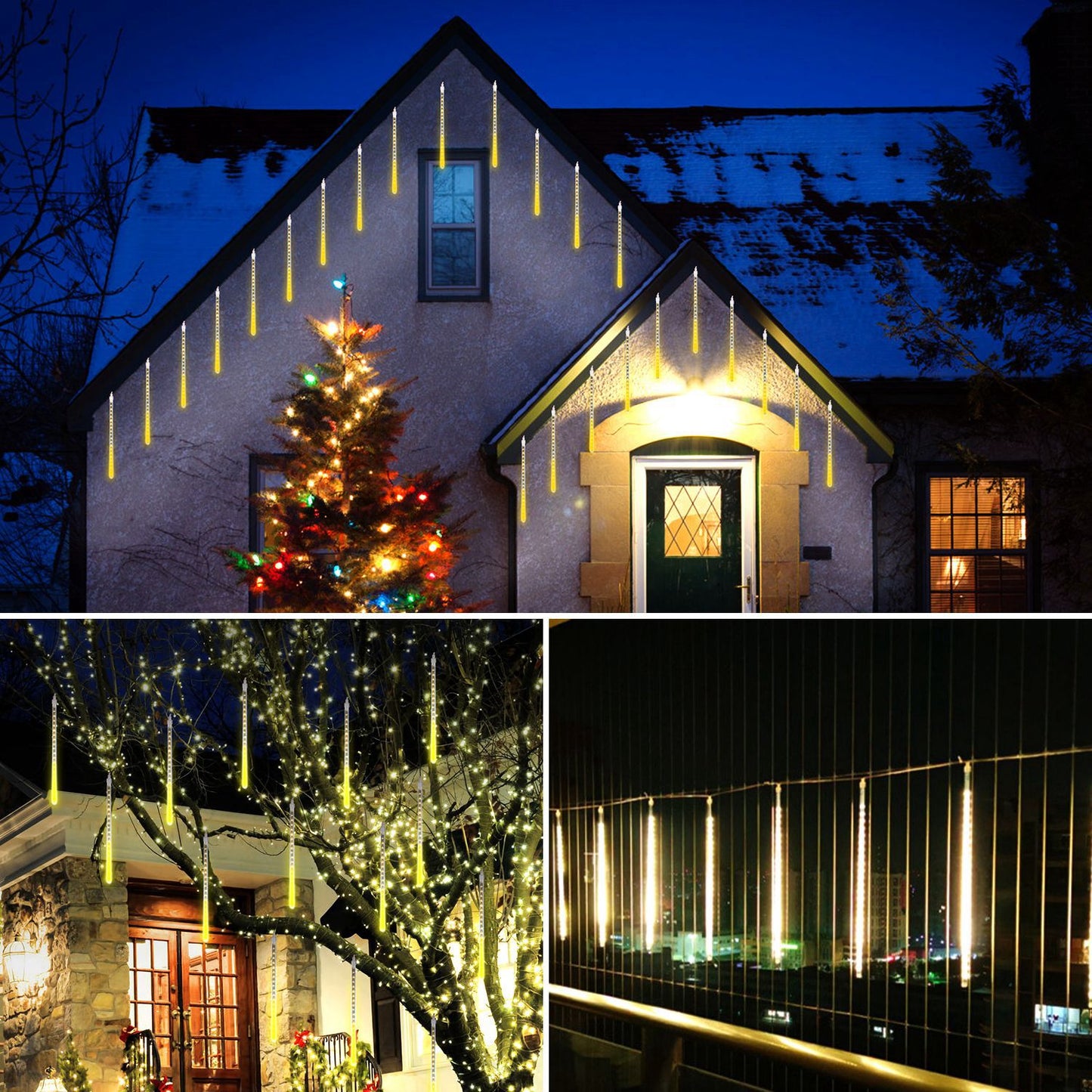 Solar Powered Meteor Shower String Lights 9.84FT Falling Raindrop Tube Lamp Water Resistant Decorative Lights For Tree Home Garden Parties