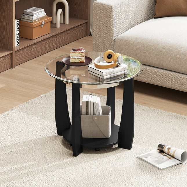 32" 2-Tier Glass Round Coffee Table with Storage Shelf