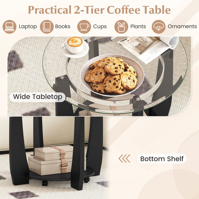 32" 2-Tier Glass Round Coffee Table with Storage Shelf