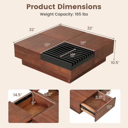 32" Square Coffee Table with Storage Tray and Hidden Compartments
