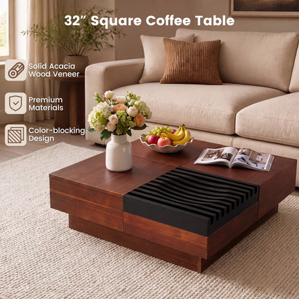 32" Square Coffee Table with Storage Tray and Hidden Compartments