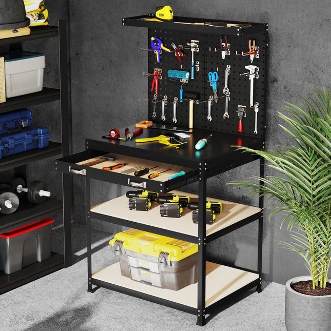 32 x 16 Inch Workbench Work Table with 2 PCs Pegboard Drawer and Shelves