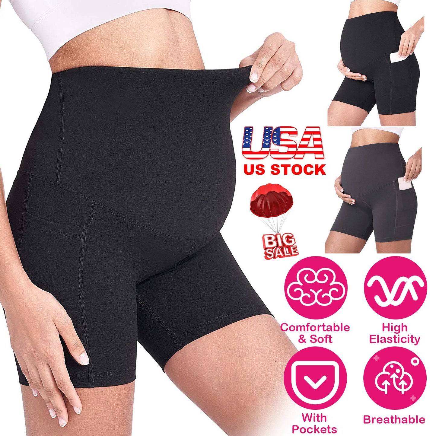 Women Maternity Shorts Seamless Pregnancy Underwear Shapewear Fitness Yoga Running Shorts High Waist Over The Belly Pants with Two Side Pockets