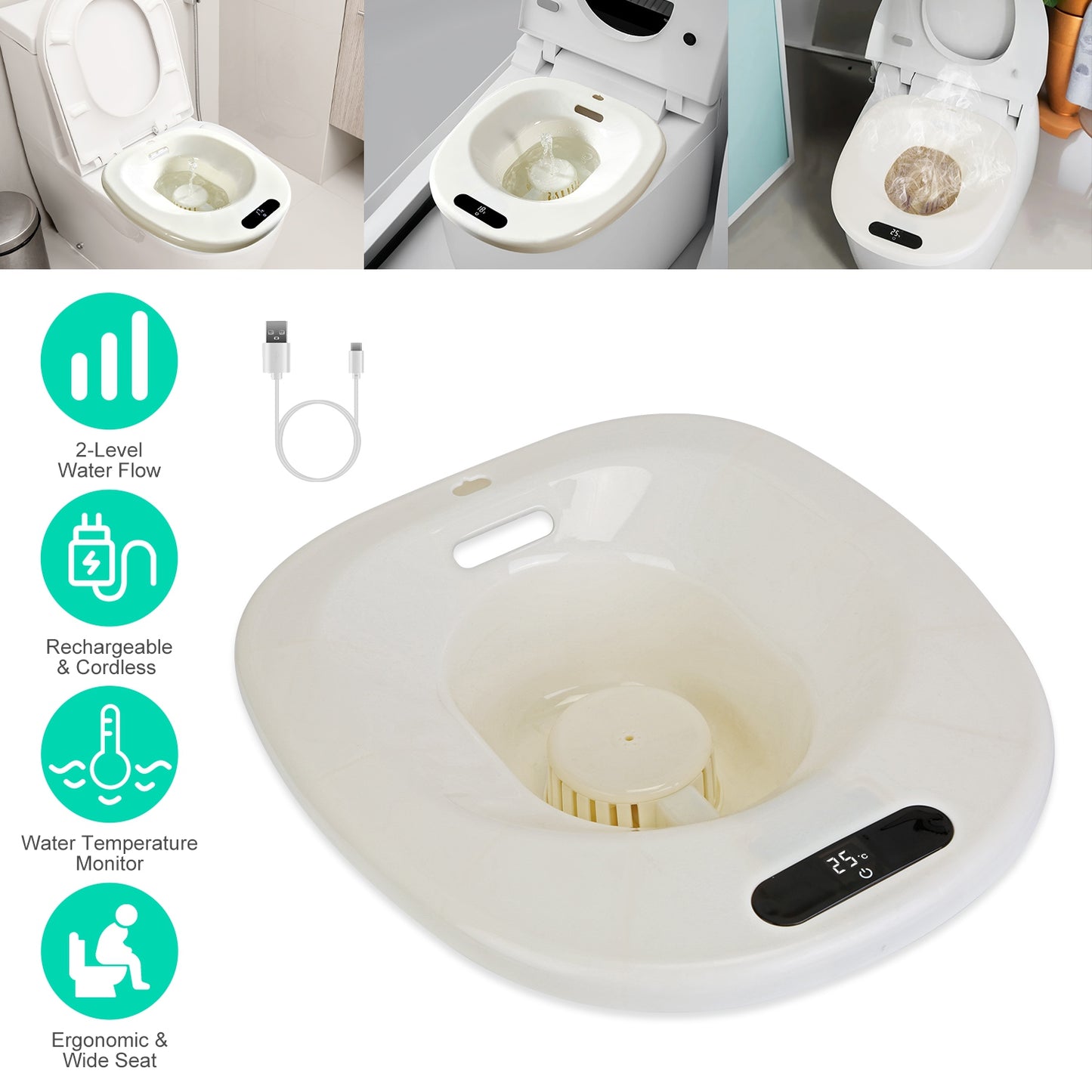 Electric Sitz Bath Tub Sits Bath Soak Pan Salts BowlÊPostpartum Care Basin for Toilet Seat with 2-Level Water Flow Water Temperature DisplayÊ1500mAh B