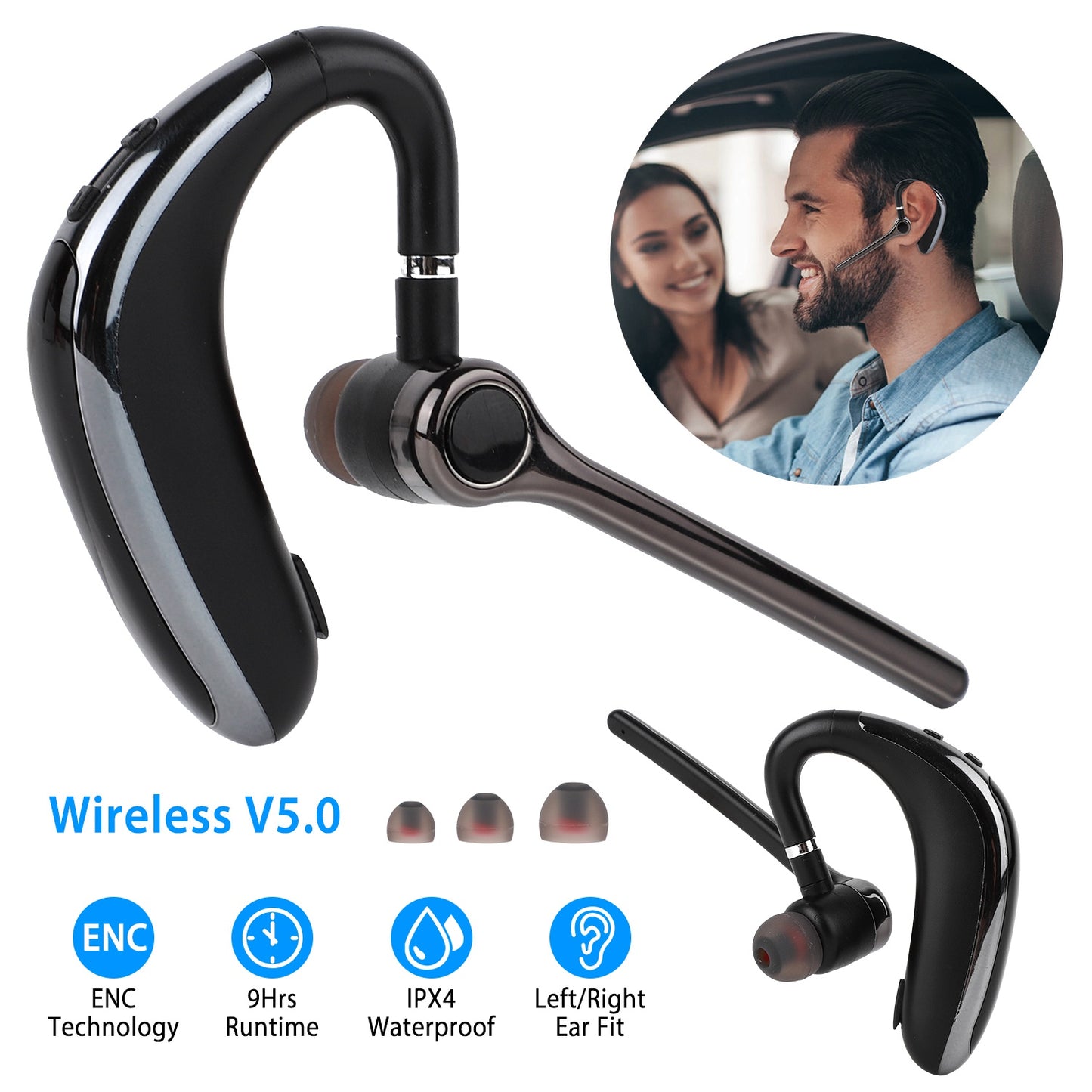 Wireless V5.0 Earpiece ENC Driving Earbuds 180¡ Rotatable Left Right Ear Fit Earphone For Business Driving Running