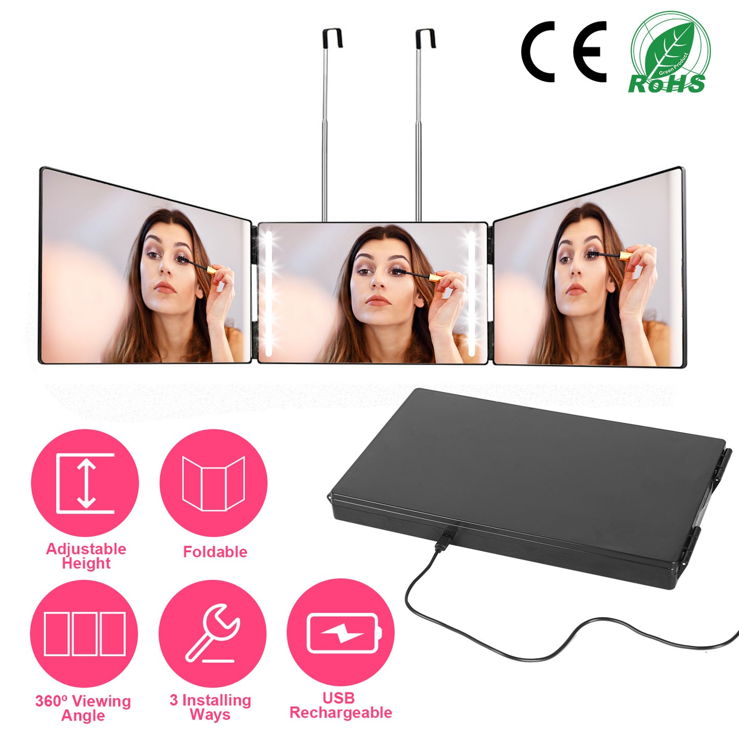 3 Way Mirror with LED Telescopic Hanger Tri-fold Mirror Personal Makeup Mirror with Micro USB Cable for Self Shaving Hair Cutting Dyeing Curling Braid