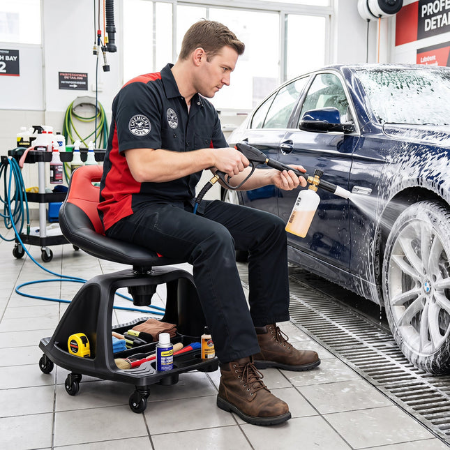 Rolling Mechanic Stool with Backrest and Tool Tray - 330 lbs