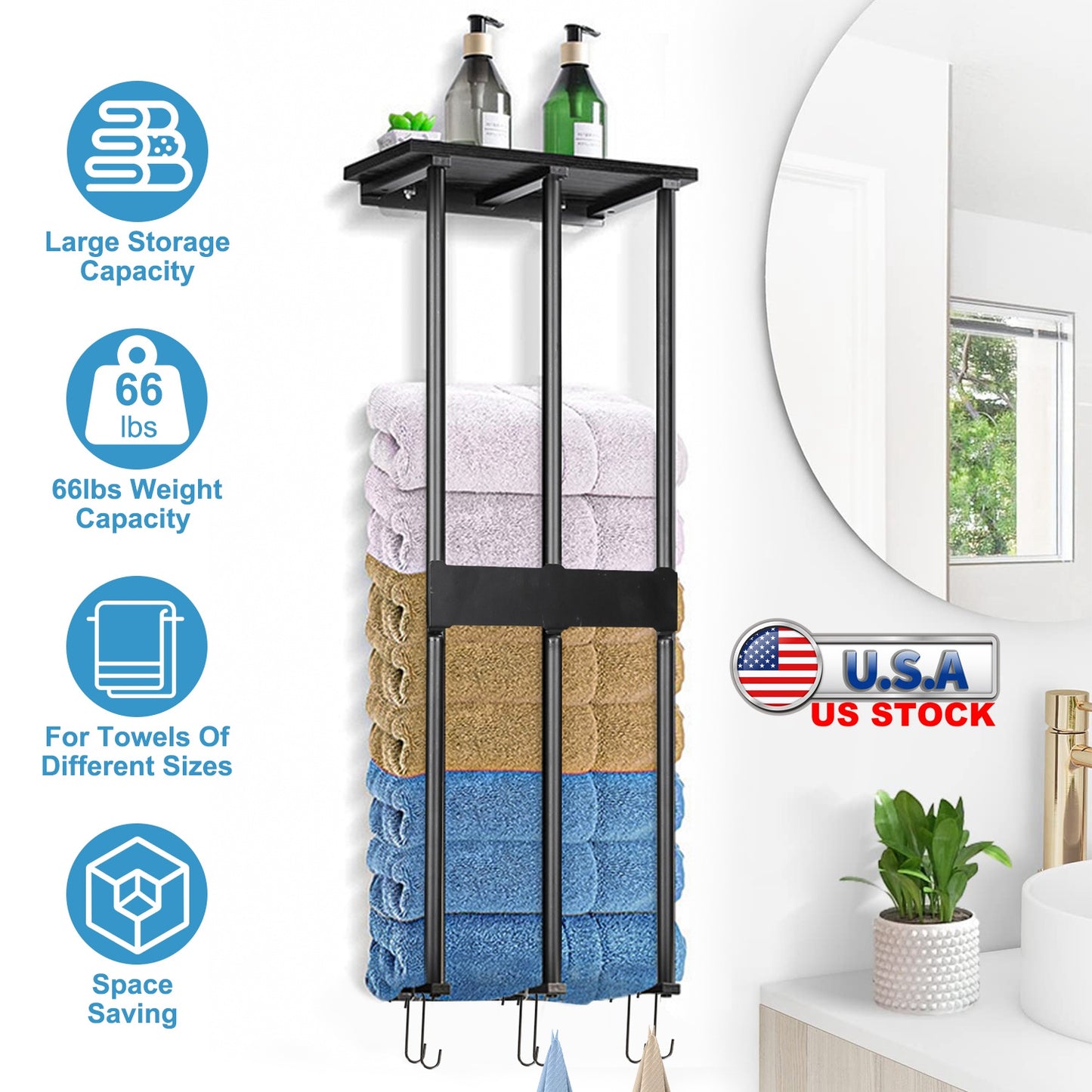 Wall Mounted Towel Rack for Rolled Towels Bathroom Towel Holder Organizer Storage Shelf for Bath Towels Hand Towels