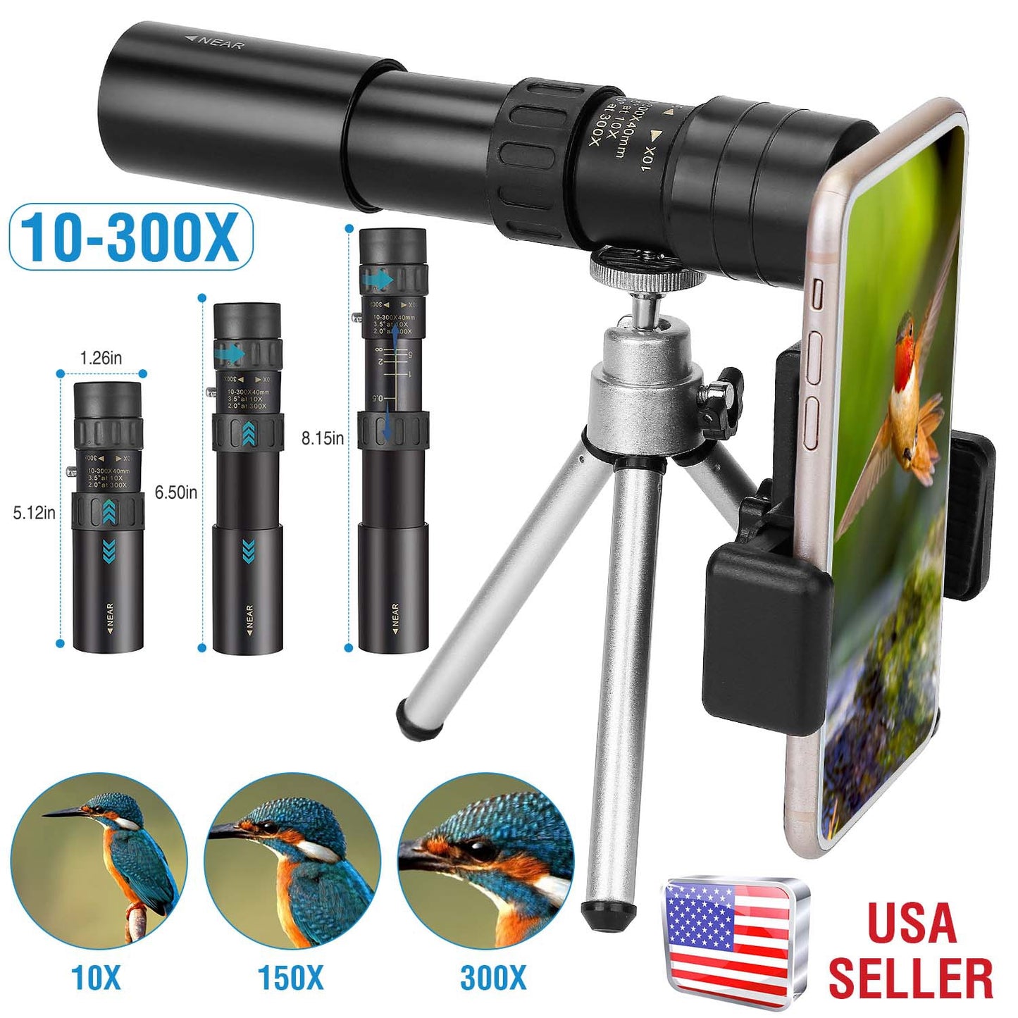 10X-300X Zoom Monocular Telescope High Definition Phone Telephoto Lens w/ Phone Holder Clamp Tripod For Hunting Hiking Sightseeing