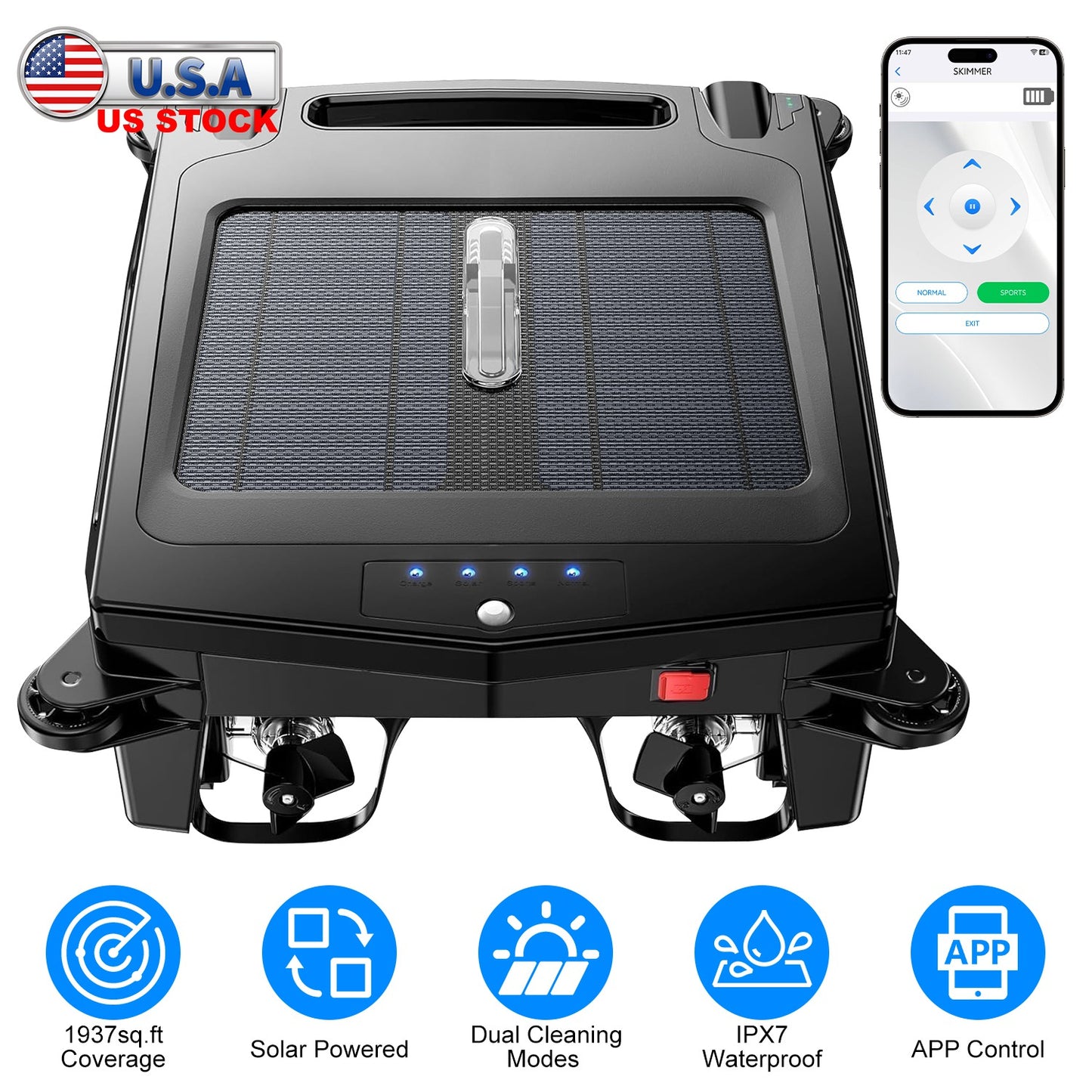 Solar PoweredÊRobotic Pool SkimmerÊAutomatic Swimming Pool Surface Cleaner with 2 Cleaning Modes Dual Charging Methods IPX7 Waterproof 1937sq.ft Cover