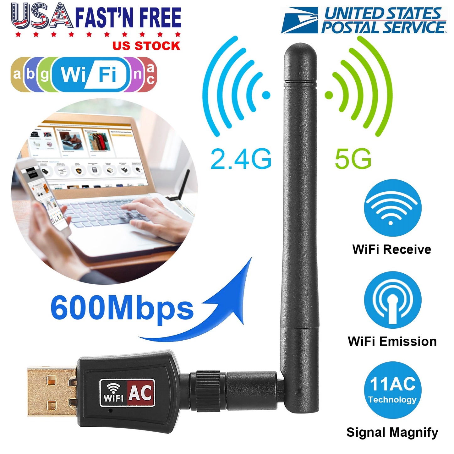 USB WiFi Adapter AC600Mbps 5G/2.4G Dual Band 802.11ac Wireless Network Adapter w/ 2dBi External Antennas For PC Desktop Laptop