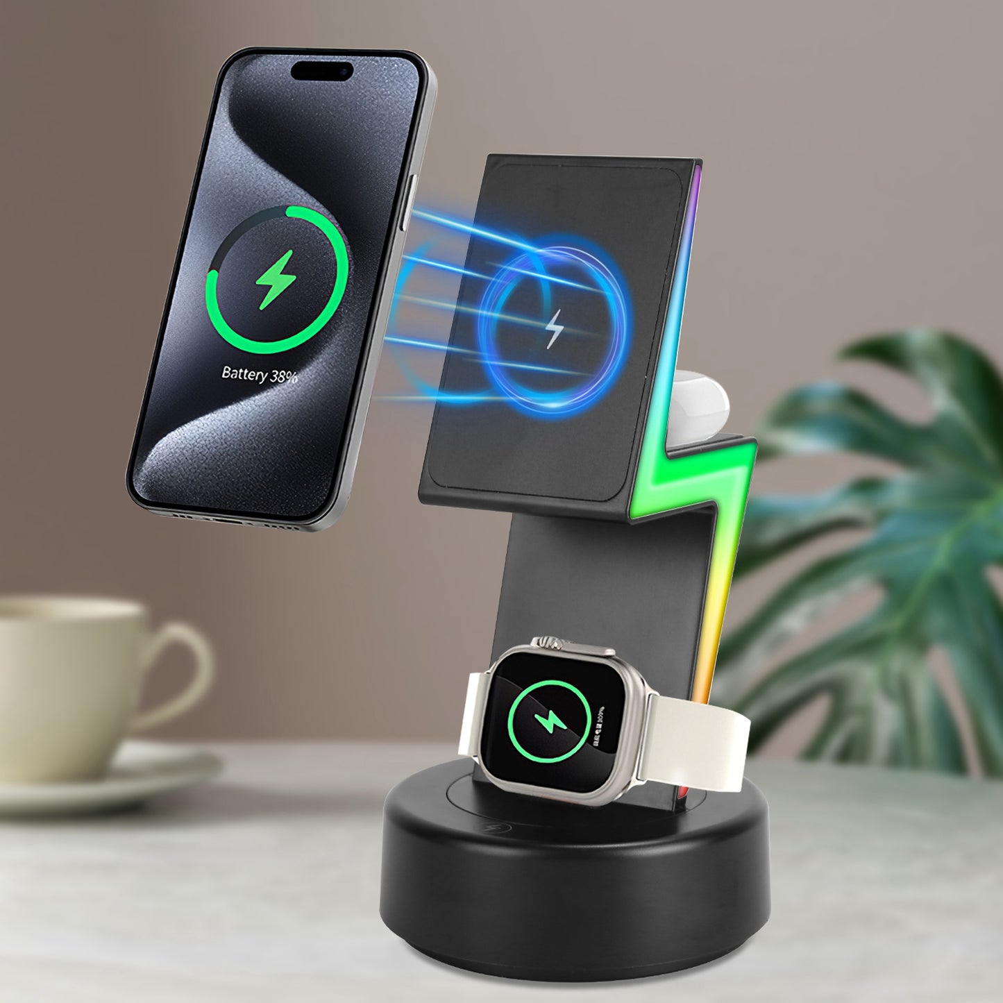 3 In 1 Magsafe Charger Wireless Charging Station Magnetic Charger Dock with 5 RGB Light Modes for IOS Phone 12-15 Airpods iWatches