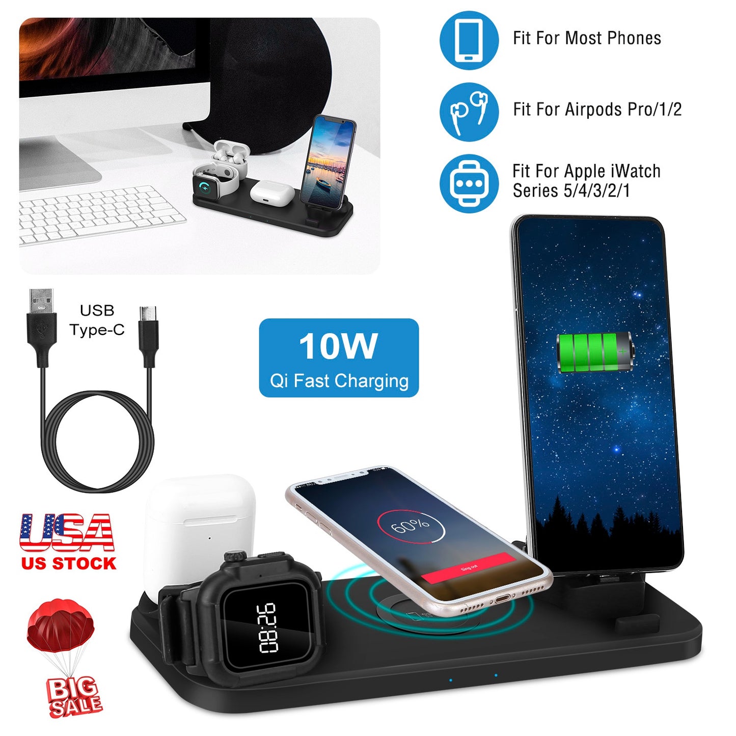 6 In 1 Qi Wireless Charger 10W Fast Charging Station Fit For iWatch 5/4/3/2/1 Airpods Pro/1/2 IOS phone Xs/MAX/XR/X/8/8Plus/11/Pro/11Pro max Galaxy No