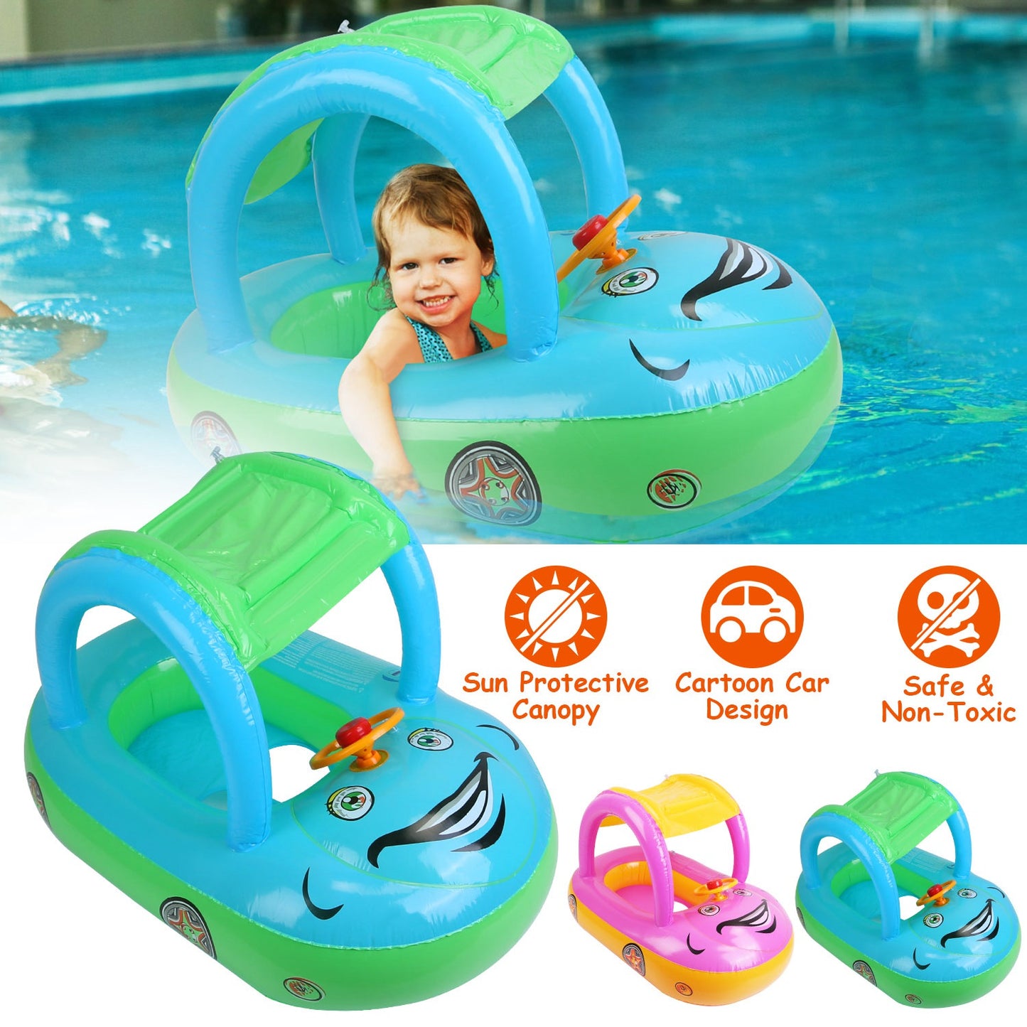 Baby Inflatable Pool Float Car Shaped Toddler Swimming Float Boat Pool Toy Infant Swim Ring Pool with Sun Protection Canopy for 1-3 Year-Old Kids Infa