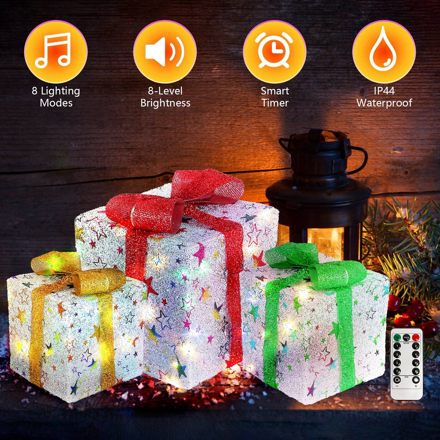 Set of 3 Christmas Lighted Gift Boxes Xmas Present Ornament 50 LED Christmas Box Decorations with Ribbon Bows IP44 Waterproof Battery Powered for Indo