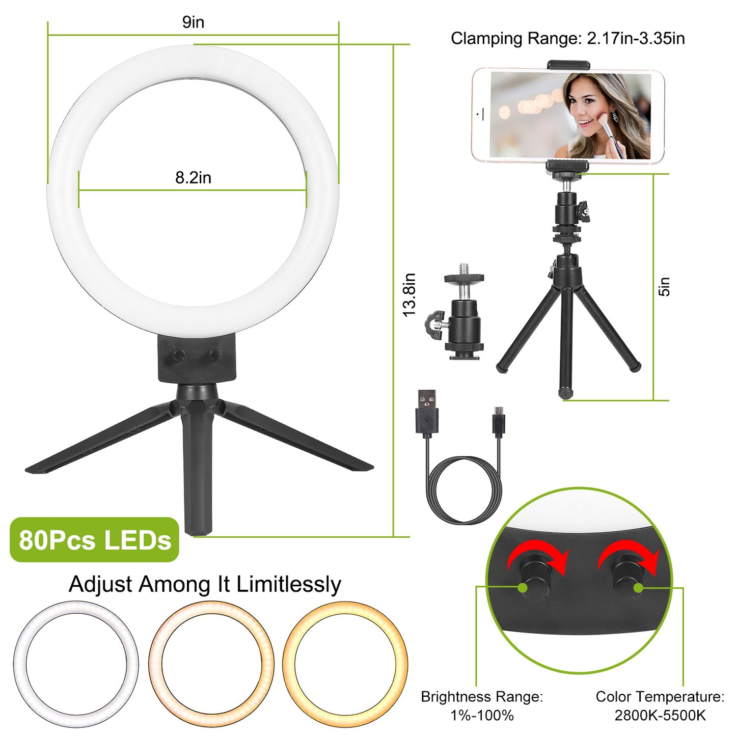 9" Dimmable LED Ring Light w/ Tripod Phone Selfie Camera Studio Photo Video Makeup Lamp
