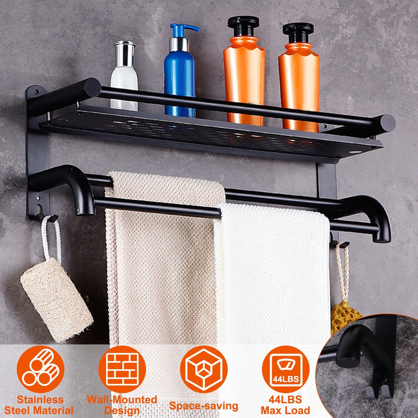 2 Tier Wall Mounted Towel Rack Bar Rail Towel Holder Hanger Bathroom Toiletries Storage Shelf with Nail Free Stickers