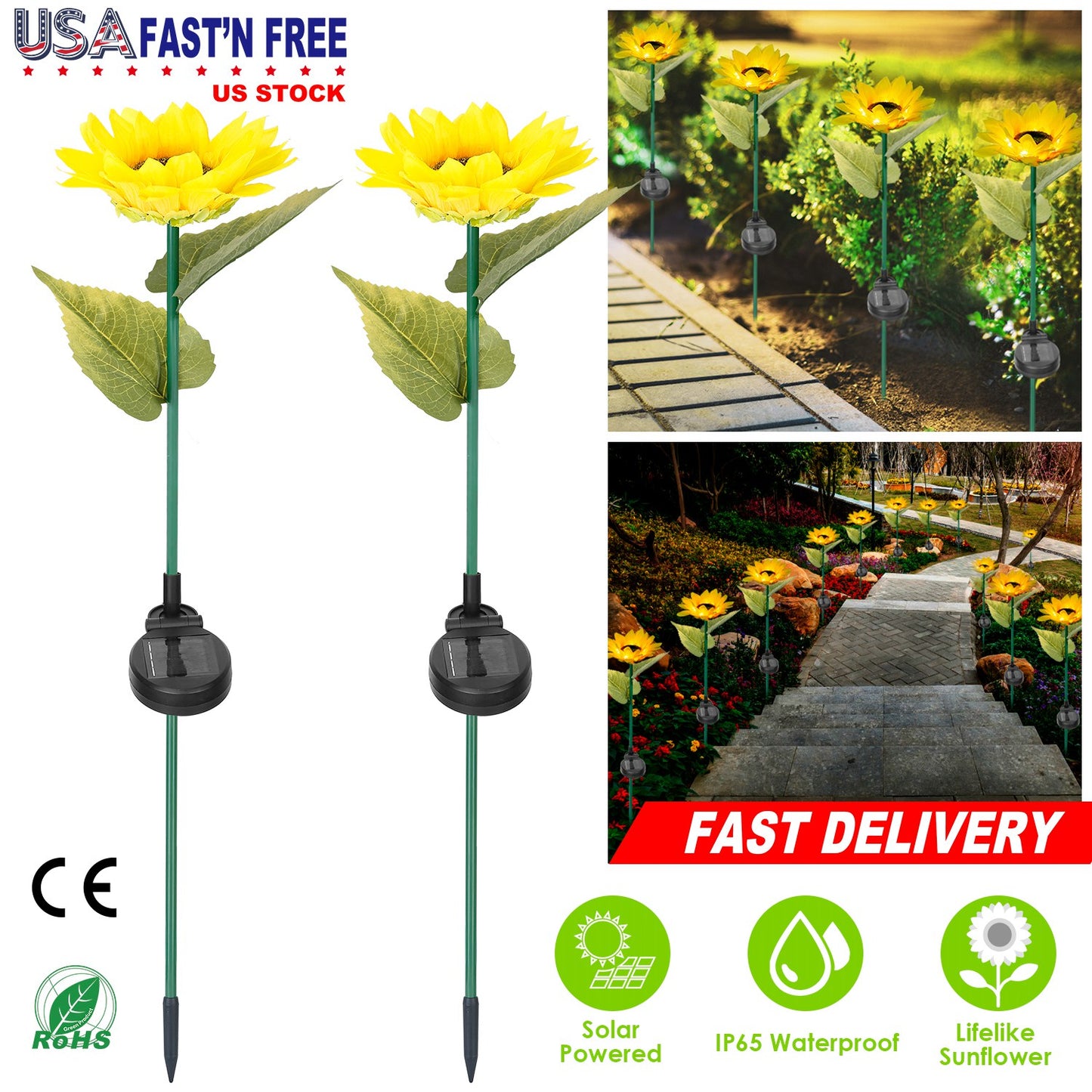 2Pcs Solar Powered Sunflower Lights 10 LED Decorative Stake Lamp IP65 Waterproof Pathway Landscape Lights For Garden Patio Yard Walkway