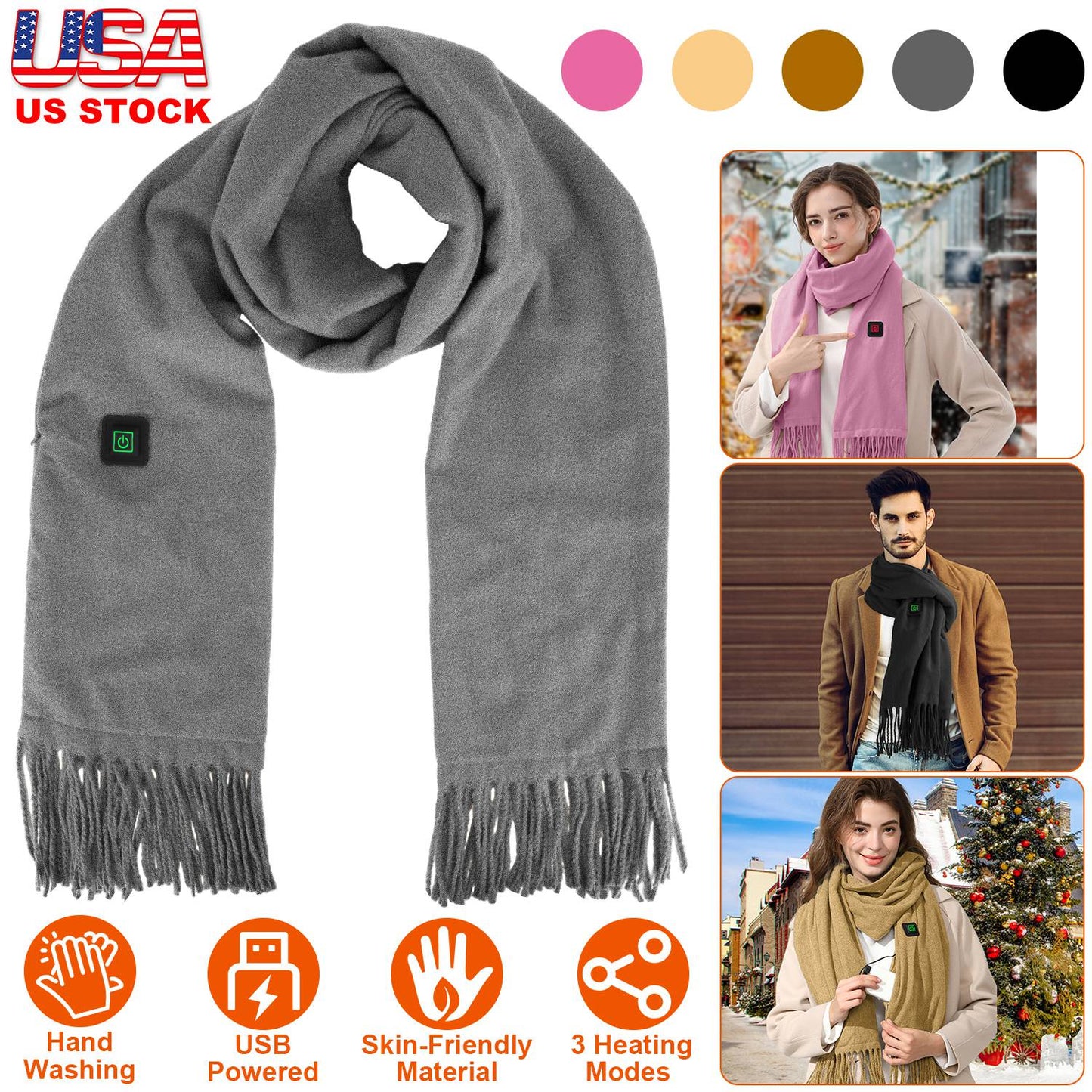 Electric Heated Winter Scarf USB Heating Neck Wrap Unisex Heated Neck Shawl Soft Warm Scarves 3 Heating Modes for Outdoor Cycling Skiing Skating