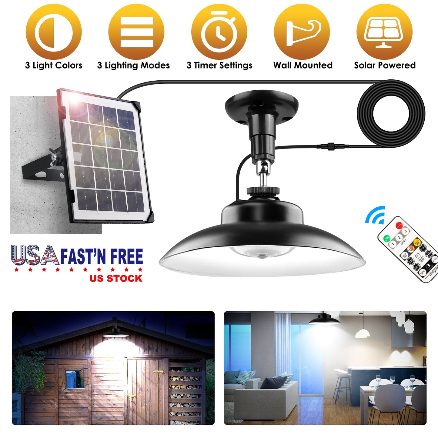 Solar Shed Light with Separate Panel Wall Mounted Solar Pendant Light Indoor Outdoor with Remote Timer 3 Modes 3 Light Colors IP 55 Waterproof for Gaz