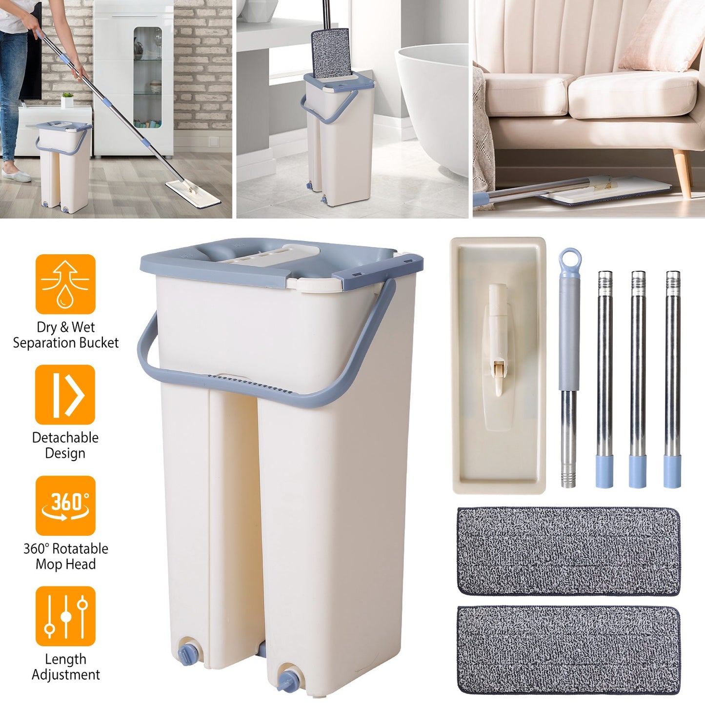 Flat Floor Mop Bucket Set Self Cleaning Wet Dry Usage with 2Pcs Reusable MicrofiberÊMop Pads