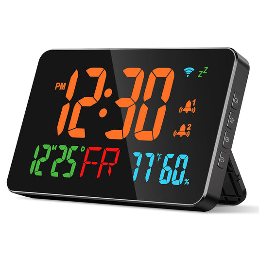 WiFi Auto Set Alarm Clock LED Digital Clock With 2 Alarm Setting Snooze 4 Brightness Levels Auto Light Sensing Temperature Humidify Monitor App Contro