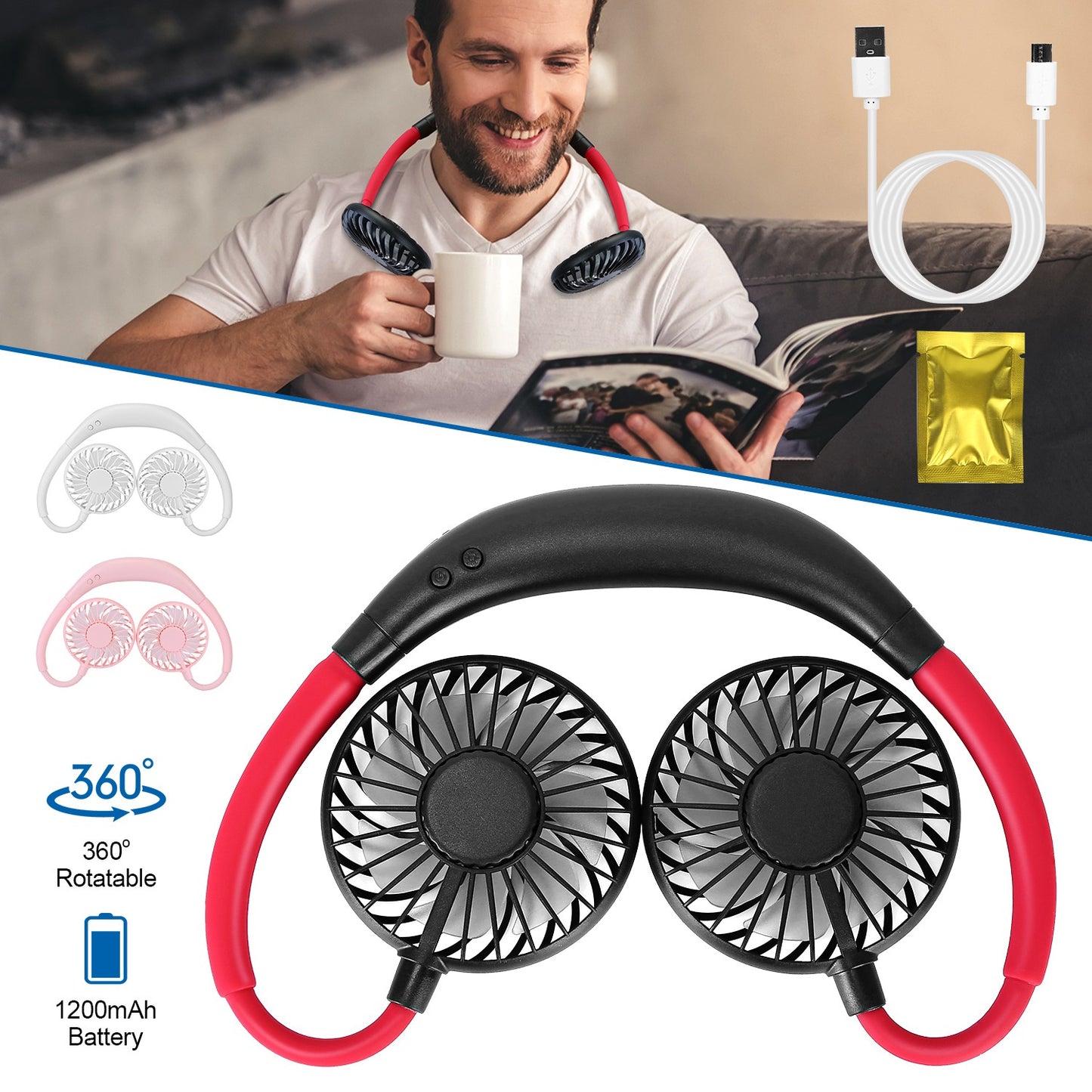 Neck Hanging Fan Hand Free Portable Aromatherapy USB Fans 360¡Rotatable Rechargeable Dual Cooling Fans w/Color Changing Led