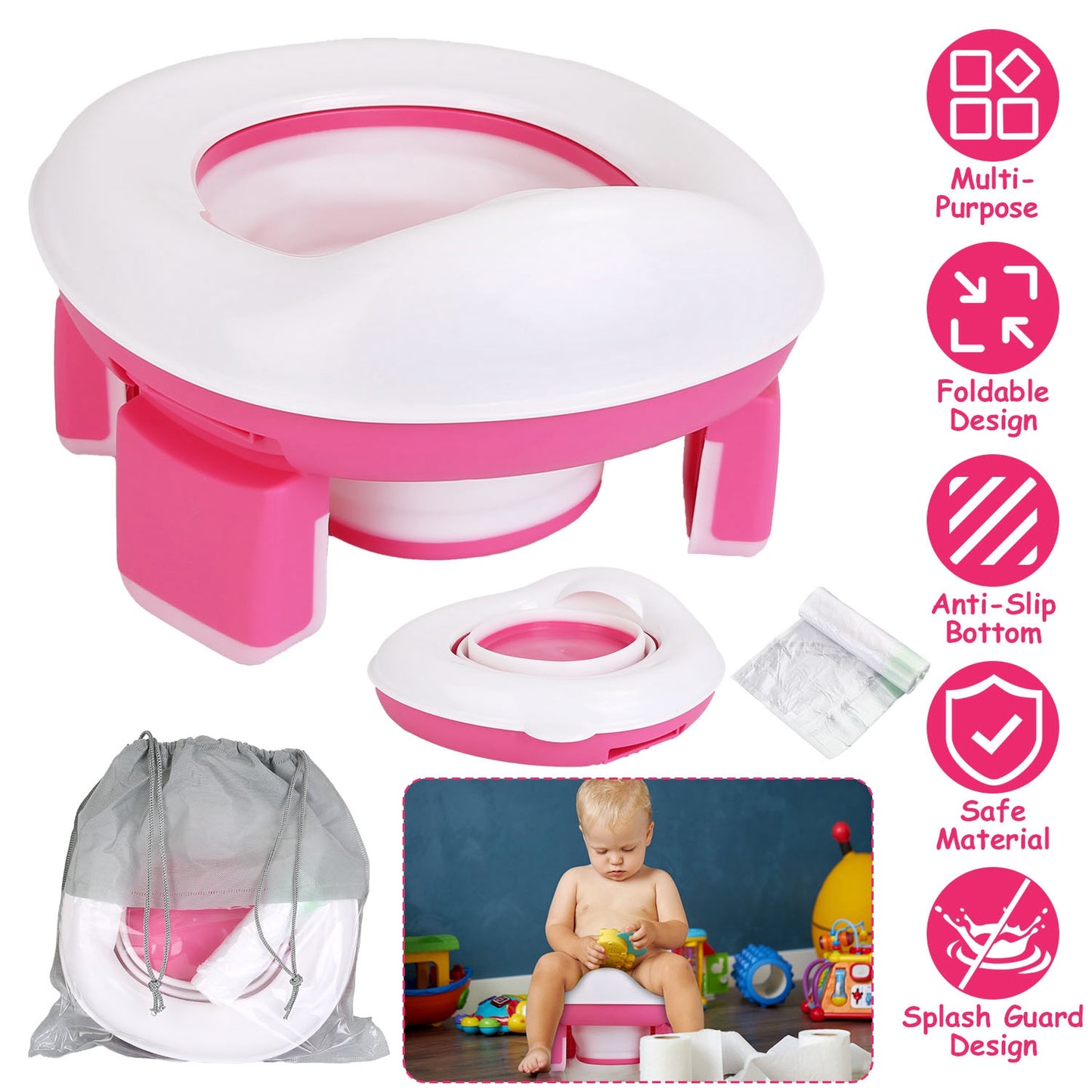 Portable Toddler Potty Toilet Foldable Potty Training Seat Cover with Splash Guard Include Storage Bag 20Psc Potty Bags Baby Toilet Trainer for Indoor