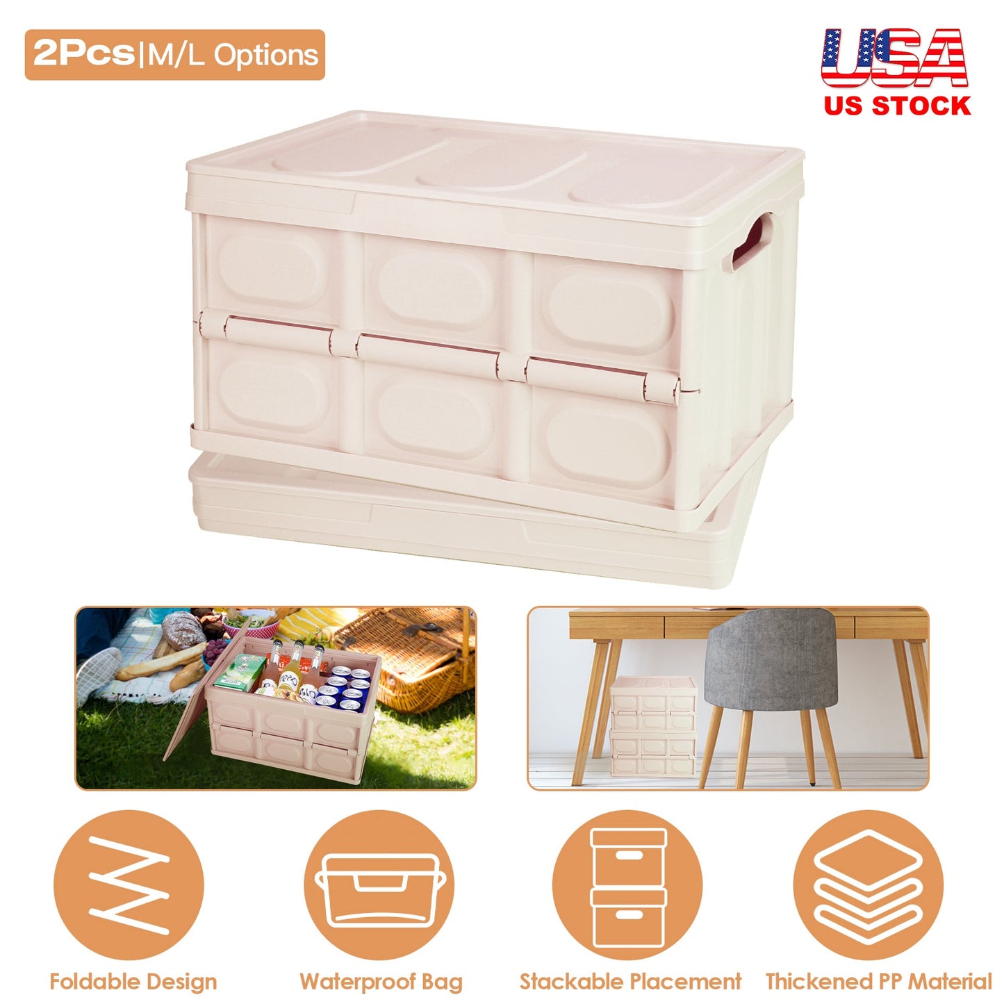 2Pcs 30L Collapsible Storage Bins With Dustproof Lid Waterproof Interior Bag Handle Stackable Storage Box Container Utility Organizer Crate For Campin