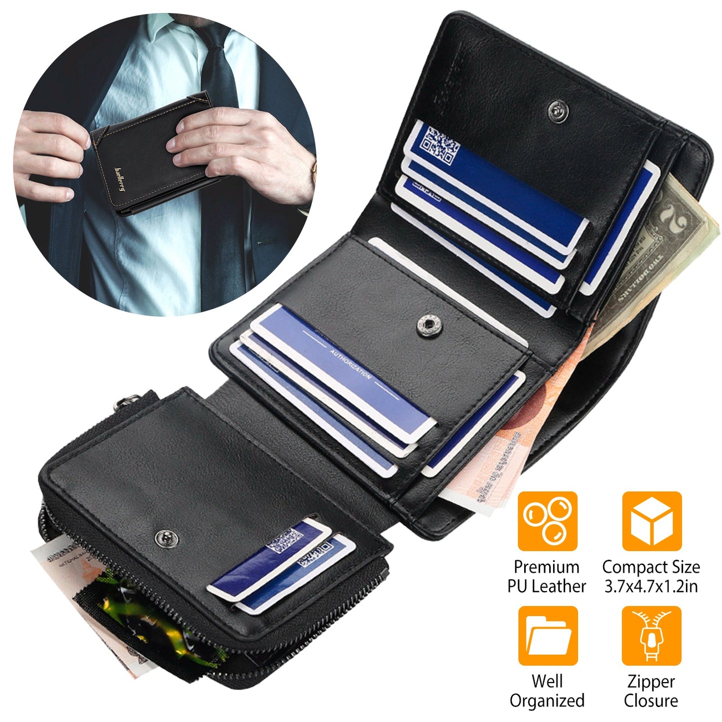 MenÕs Leather Wallet ID Card Holder Purse Trifold Clutch Money Zipper with ID Window14 Credit Card 1 ID Card