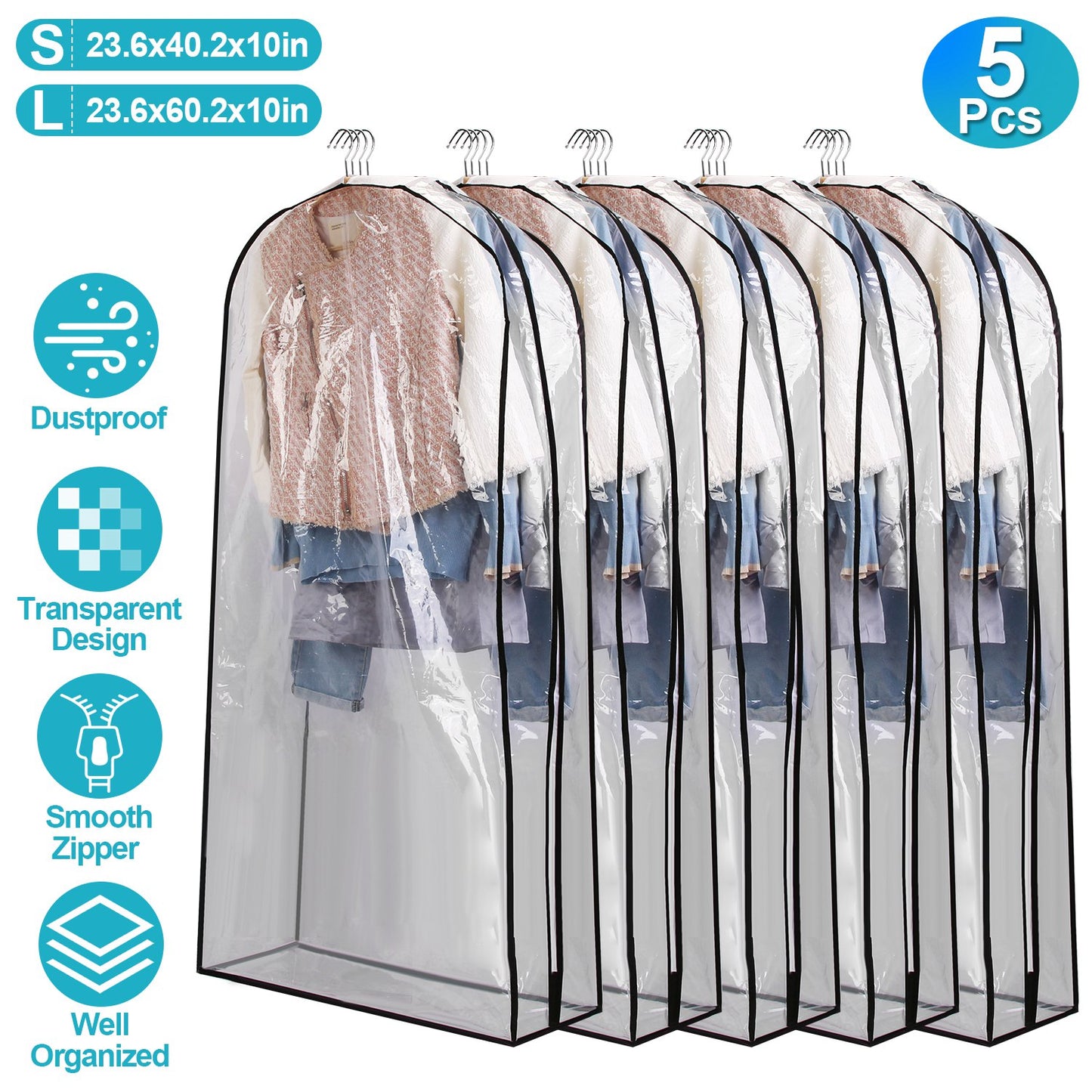 5 Pack 60In Garment Bag for Hanging Clothes Dustproof Waterproof Hanging Clothes Storage Bag Clear Transparent Suits Cover for Sweater Jacket Coat Dre