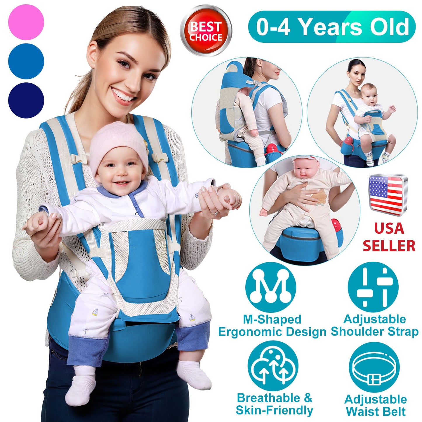 Multifunctional Baby Carrier With Hip Seat Head Hood Front Back Side Carrying All Position Ergonomic Adjustable Infant Carrier For 0-4 Years Old Newbo