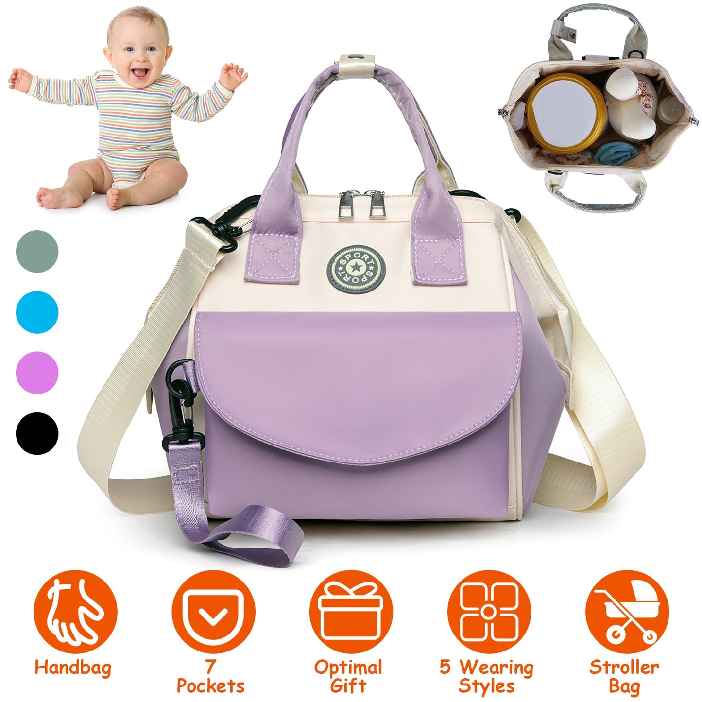 Baby Nappy Diaper Bag with 6 Pockets Burp Cloth Adjustable Shoulder Strap Detachable Small Bag Multifunctional Diaper Changing Bag with 2 Insulated Po