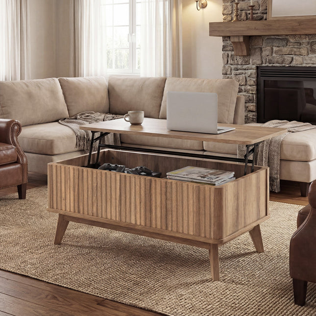 35.5" Rectangle Wooden Fluted Lift Top Coffee Table-Walnut