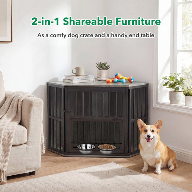Wooden Dog Crate End Table with Adjustable Bowl Rack 35.5"