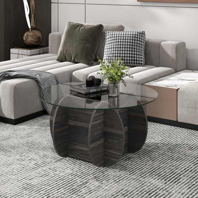 35" Round Coffee Table Unique Circle Center Table with Tempered Glass Top and Solid Wood Base-Black